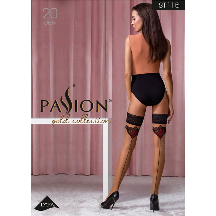 Чулки кружевные ST116 бежевые с черно-красной отделкой 5 (20 den) - Passion