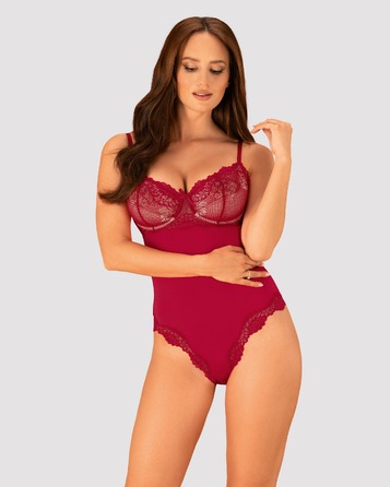 Боди сексуальное с кружевными вставками Obsessive Rosalyne красное, S/M