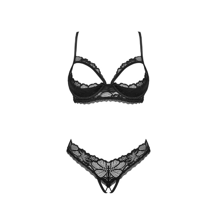 Комплект нижнего белья Obsessive Serafia с интимным доступом и открытым бюстом, чёрный, XS-S