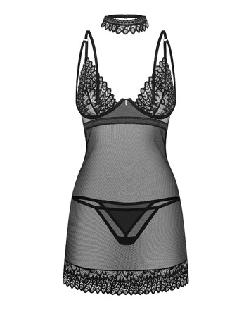 Комплект Obsessive Donarella прозорий пеньюар, стрінги та чокер, чорний, XS/S