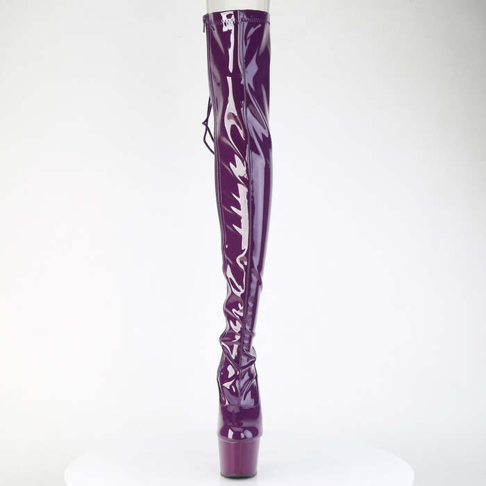 Чоботи Adore-3063 на підборах 7 дюймів, еластичні черевики до стегна 2 3/4 дюйма зі шнурівкою ззаду, блискавка збоку, фіолетовий еластичний лак