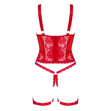 Корсет мереживний Obsessive Belovya, з гартерами та трусиками, червоний, M/L