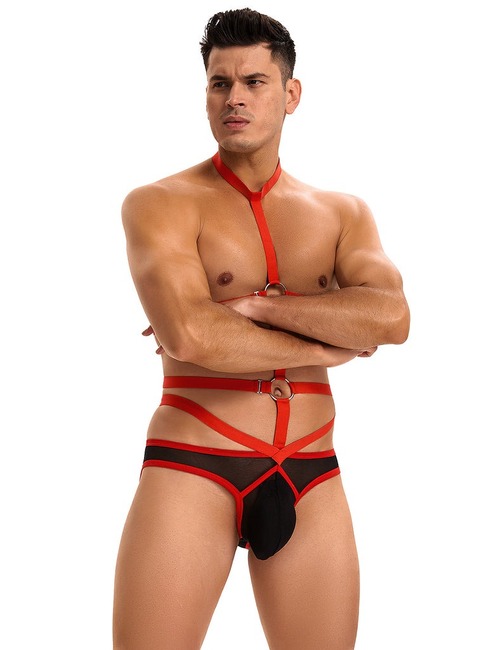 Чоловічі труси з портупеєю та чокером Star Night червоний-чорний, S