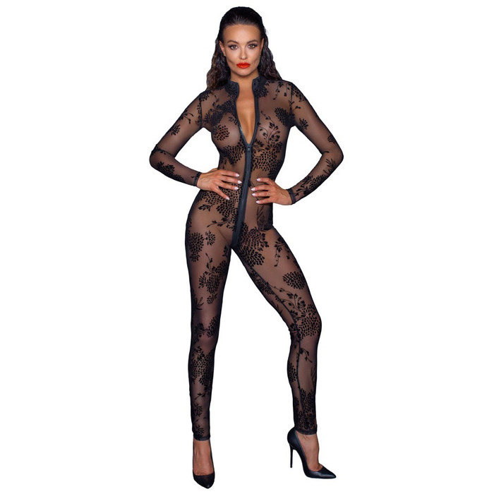 Комбінезон сексуальний напівпрозорий L F237 Noir Handmade, з візерунком та блискавкою