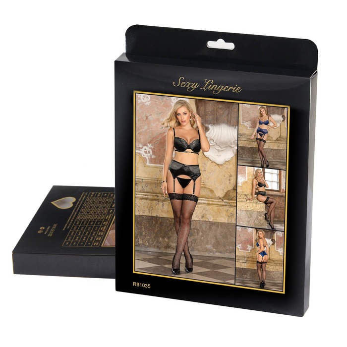 Комплект белья кружевной Star Night с поясом для чулок, черный, XS-S