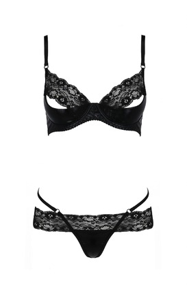 Комплект белья из латекса Passion NORTH SET с кружевной отделкой, черный, S/M