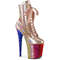 Чоботи Pleaser Flamingo-1020HG *8-дюймовий каблук, 4-дюймові черевики на шнурівці спереду з PF, блискавка збоку, рожеве золото/різнокольоровий