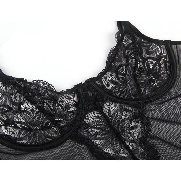 Полупрозрачный пеньюар с трусиками Star Night с кружевом, чёрный, XS-S