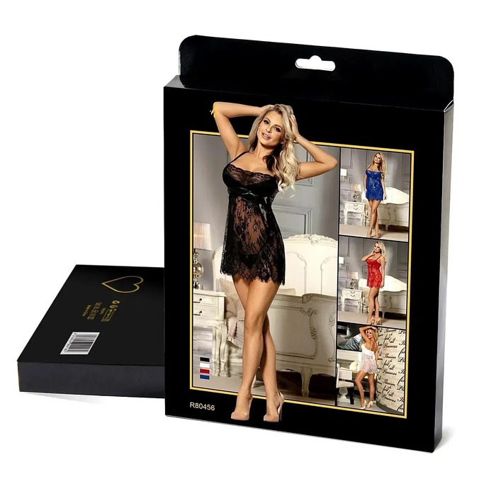 Мереживний Пеньюар Star Night з поясом і трусиками, чорний, M