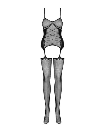 Комбинезон сетка имитирующий корсет с чулками Obsessive G314 черный, S/M/L