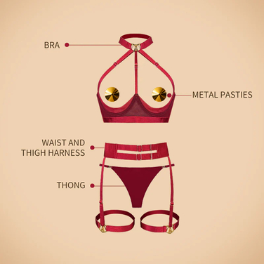 Комплект белья UPKO Lingerie Set с золотыми пэстисами, красный, One Size