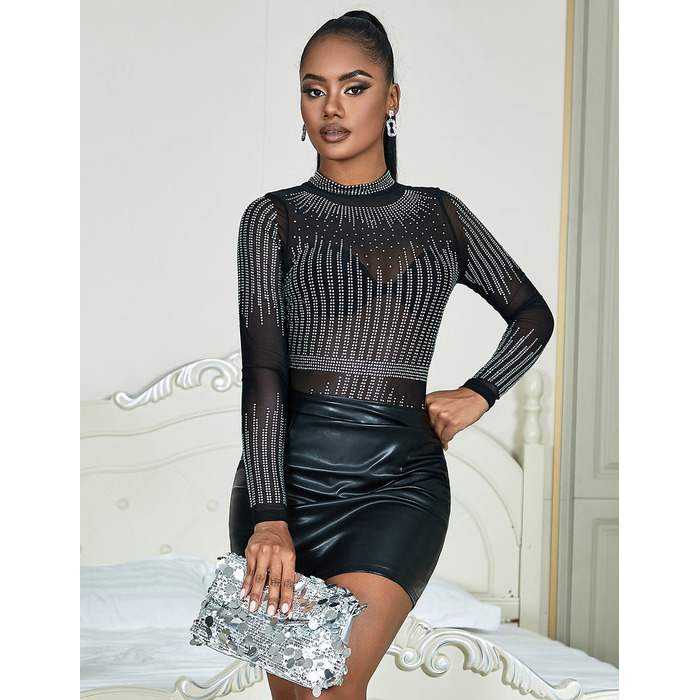 Черный сетчатый боди с длинными рукавами Star Night и декоративными стразами, XL