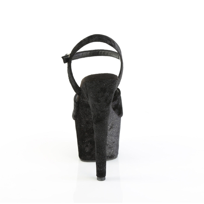 Босоножки Adore-709WR. Каблук 7 дюймов, ремешок на щиколотке шириной 2 3/4 дюйма. Черная мерцающая ткань.