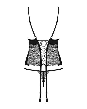 Комплект Obsessive Sharlotte корсет с пажами для чулков и трусики стринги, черный, S/M