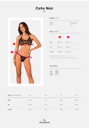 Комплект білизни в сіточку з декоративним ліфом Obsessive Celia Noir чорний, XS/S