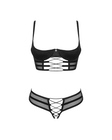 Комплект белья Obsessive Roxelia бюстье с открытыми чашками и трусики с доступом, черные, XS/S