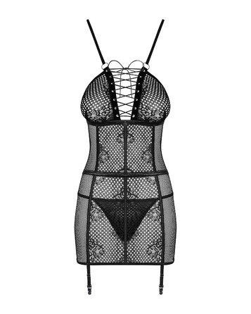 Сорочка в сеточку Obsessive Basitta со шнуровкой, черный, S/M