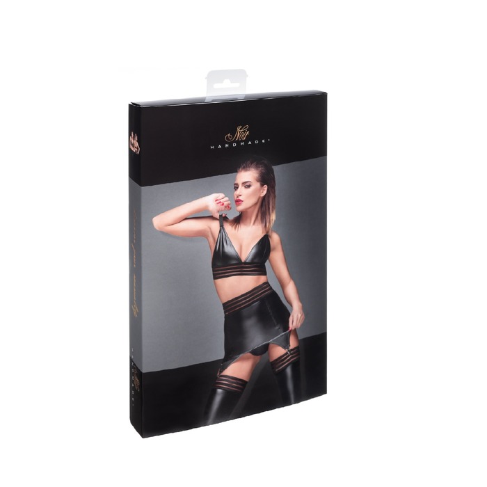 Сексуальный бюстгальтер виниловый Noir Handmade F157 с декоративными полосками, черный, M