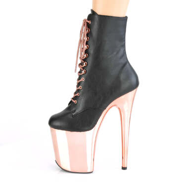 Ботинки Flamingo-1020, каблук 8 дюймов, ботильоны со шнуровкой 4 дюйма, боковая молния, чёрная искусственная кожа/розовое золото