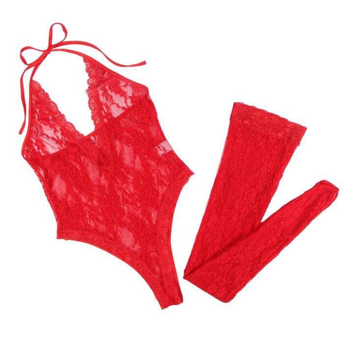 Комплект Star Night боди с воротником халтер и V образным вырезом+чулки, красный