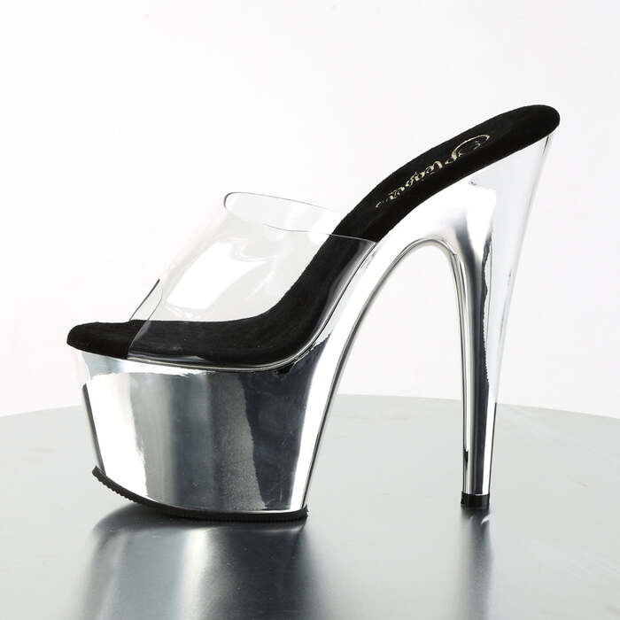 Шльопанці Adore-701 на підборах 7 дюймів, хромовані шльопанці PF 2 3/4 дюйма, прозорі/сріблясті хромовані