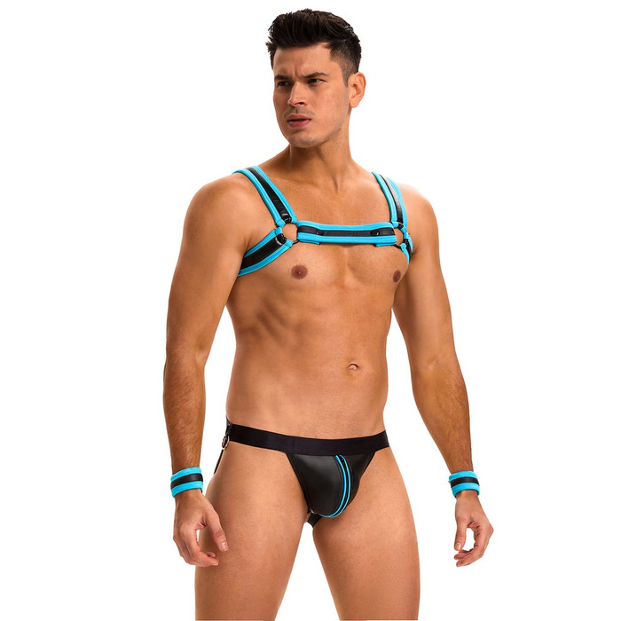 Чоловічий комплект з блискавкою на трусах та відкритим доступом Star Night з портупеєю та наручниками, L