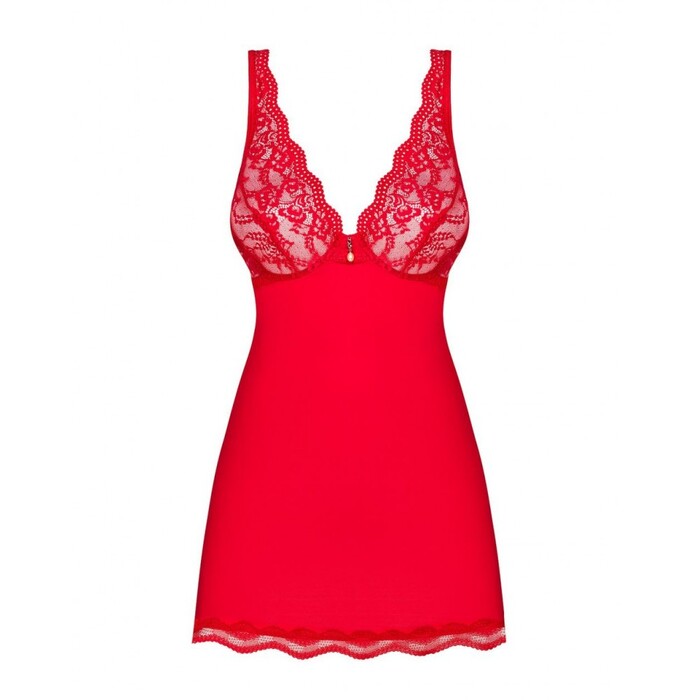 Пеньюар Obsessive Luvae з мереживним верхом, стрінги в комплекті, червоний, S/M