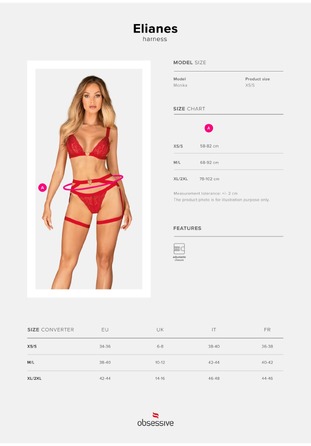 Портупея пояс Obsessive Elianes harness, червона, XS/S