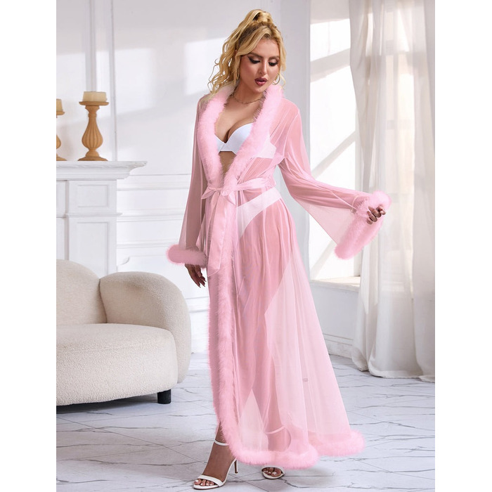 Розовый сексуальный длинный халатик в сеточку Star Night с отделкой из меха под норку и поясом, M