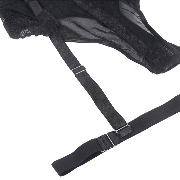 Кружевное боди Star Night с доступом и подтяжками, черное, XS-S