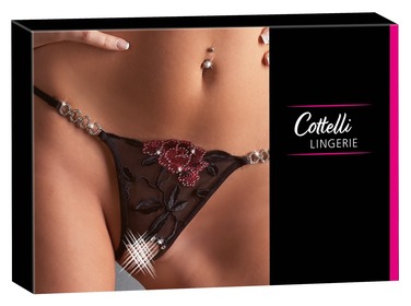 Стринги сексуальні Cottelli Collection String Rose з вишивкою та імітацією шнурівки, чорні, M/L