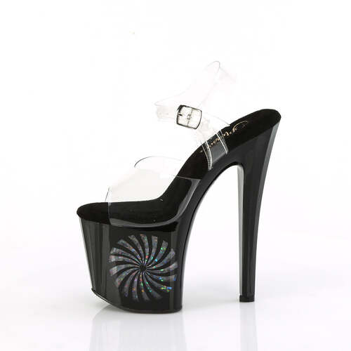 Босоніжки Enchant-708LT-PINWHEEL *8-дюймовий каблук, 3 3/4-дюймовий ремінець на щиколотці з підсвічуванням та світлодіодним підсвічуванням PF, прозорі/чорно-сріблясті блискітки