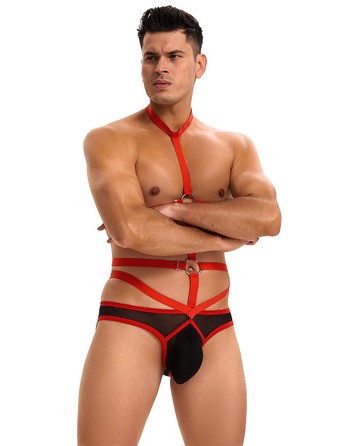 Чоловічі труси з портупеєю та чокером Star Night червоний-чорний, S