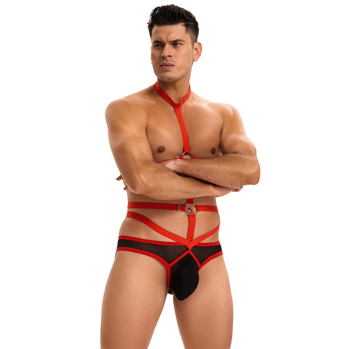 Чоловічі труси з портупеєю та чокером Star Night червоний-чорний, S