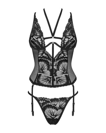 Корсет з квітковими візерунками Obsessive Alessya, стрінги в комплекті, чорний, XS/S