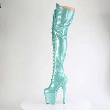 Ботинки Flamingo-3020GP *Каблук 8 дюймов, 4-дюймовые эластичные сапоги на шнуровке, боковая молния, лакированная кожа с аквамариновым блеском