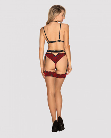 Чулки под пояс с бархатной коронкой Obsessive Sugestina S/M Natural/red