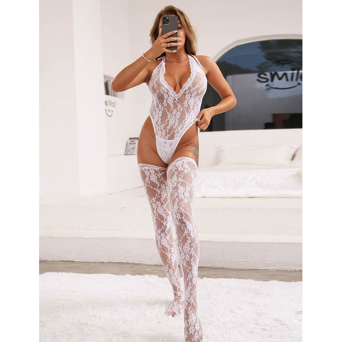 Комплект кружевной белый Star Night боди и высокие чулки, XS/S