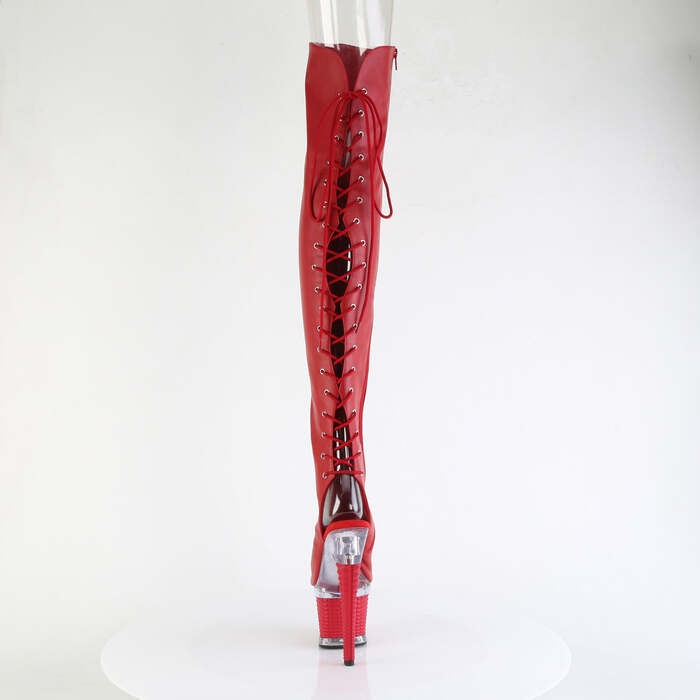Сапоги Spectator-3030, каблук 7 дюймов, 3-дюймовый текстурированный PF-сапог со шнуровкой сзади, молния сбоку, красная искусственная кожа/прозрачно-красный