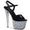 Босоножки Pleaser Sky-309LG. Каблук 7 дюймов, ремешок на щиколотке шириной 2 3/4 дюйма. Цвет: чёрный/серебристый.