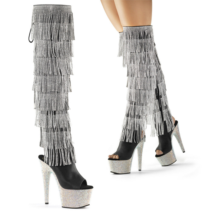 Чоботи Bejeweled-3019RSF-7 на підборах 7 дюймів, чоботи вище коліна з відкритим носком/підбором 2 3/4 дюйма, з блискавкою збоку, чорні, веганська шкіра/сріблясті