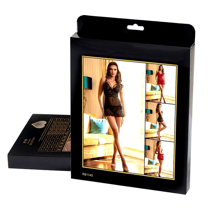 Пеньюар с трусиками Star Night с кружевом на топе и юбке, чёрный, XS-S