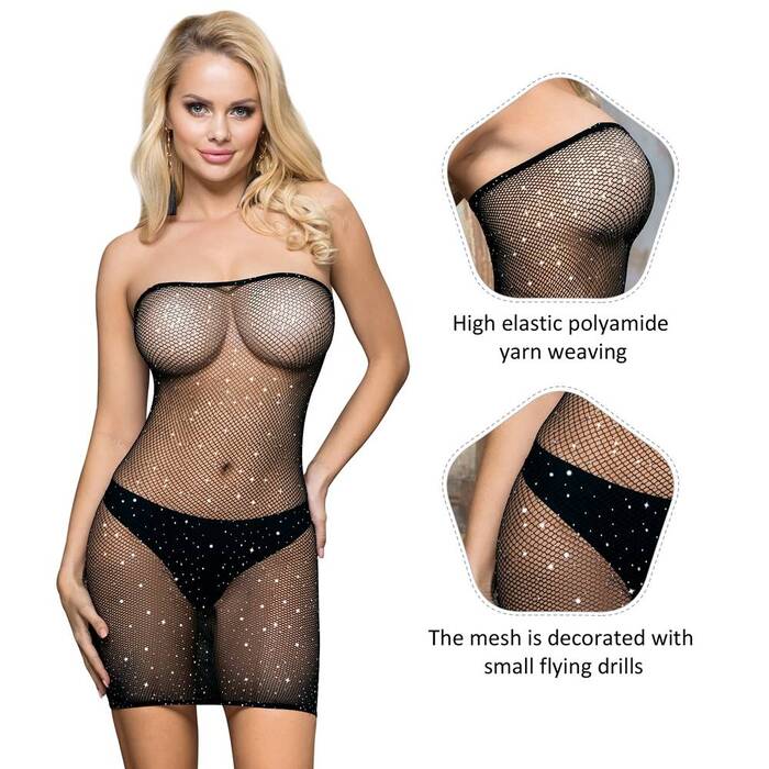 Платье в сеточку с украшениями в виде страз Star Night черное XS-M