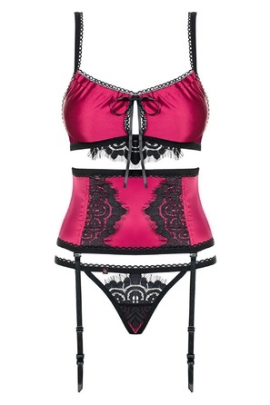 Комплект атласний з поясом для панчох Obsessive 861-SEG-5 бордовий, L/XL