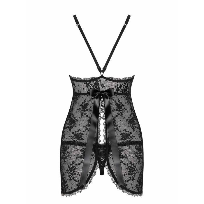 Сорочка Obsessive из цветочного кружева с открытой попой, черный, L/XL