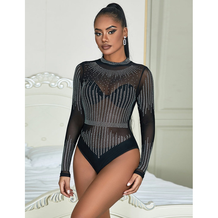 Черный сетчатый боди с длинными рукавами Star Night и декоративными стразами, XL