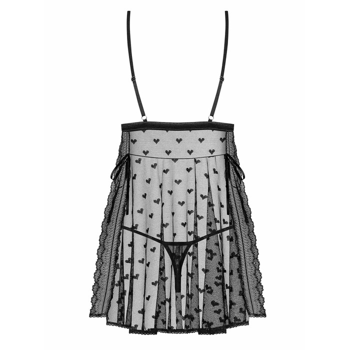 Сорочка с акцентами в виде сердечек Obsessive Heartia трусики в комплекте, черный, S/M