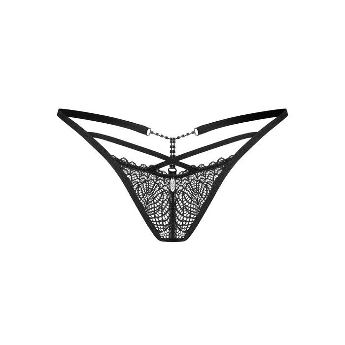 Мереживні чорні стрінги Obsessive Iliosa з декоративними стразами, S/M