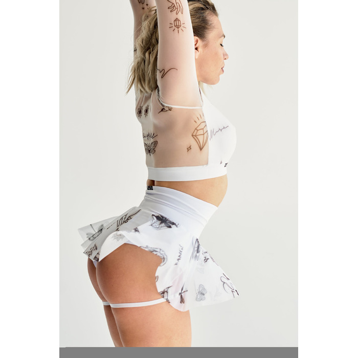 Dance Tattoo — Високі Шорти-Спідниця з Сіткою та Принтами для Pole Dance, Heels і Cценічних Виступів - білий