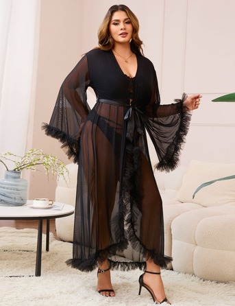 Халат Star Night з мереживом та поясом, чорний, XS-S